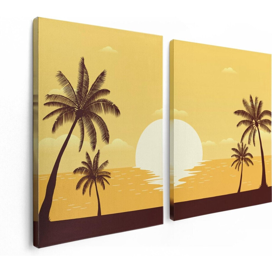 Artaza Canvas Schilderij Tweeluik Zonsondergang Met Palmbomen - Abstract - 120x80 cm - Wanddecoratie Woonkamer - Schilderijen - Muurdecoratie afbeelding 1