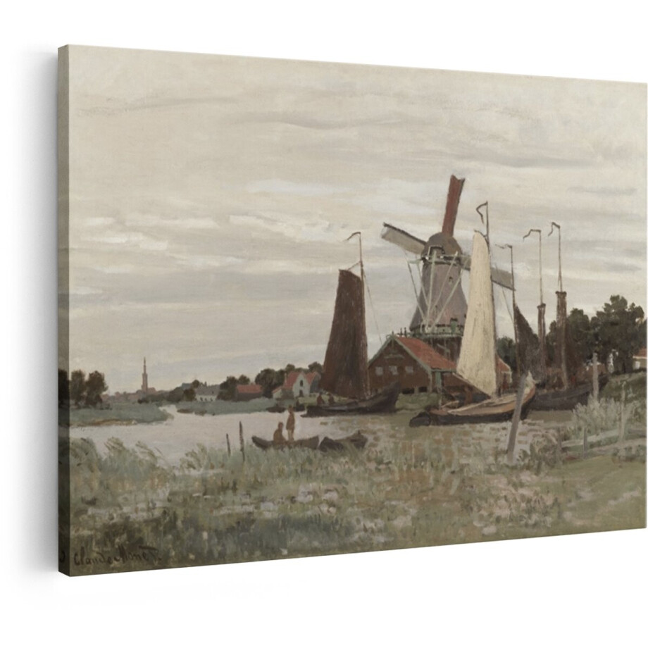 Artaza Canvas Schilderij Schilderij van een Molen en Boten op een Nederlandse Waterweg - 60x40 cm - Wanddecoratie Woonkamer - Schilderijen - Muurdecoratie afbeelding 1