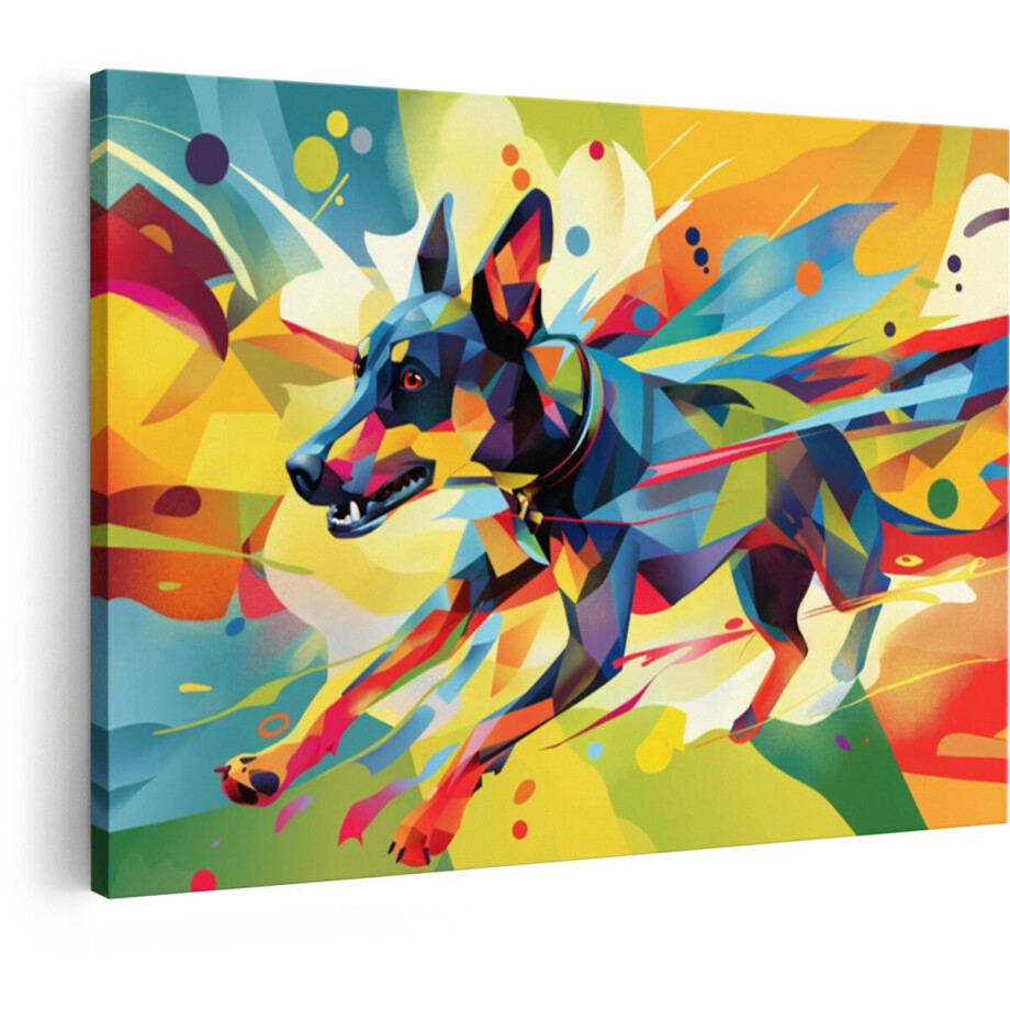 Artaza Canvas Schilderij Abstracte Hond in Beweging met Levendige Geometrische Vormen en Felle Kleuren - 30x20 cm - Klein - Wanddecoratie Woonkamer - Schilderijen - Muurdecoratie afbeelding 1