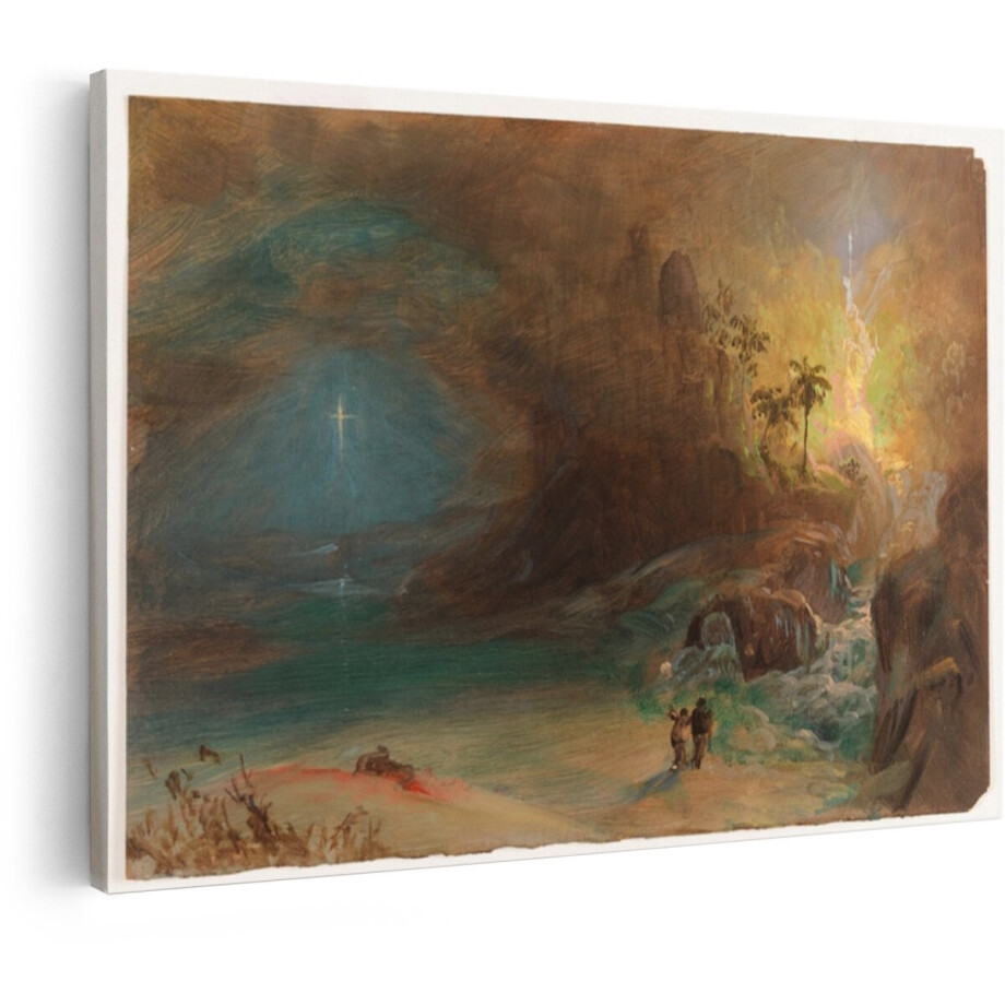 Artaza Canvas Schilderij Mystiek Landschap met een Kruislicht en Waterval - Verkend door twee Figuren - 60x40 cm - Wanddecoratie Woonkamer - Schilderijen - Muurdecoratie afbeelding 1