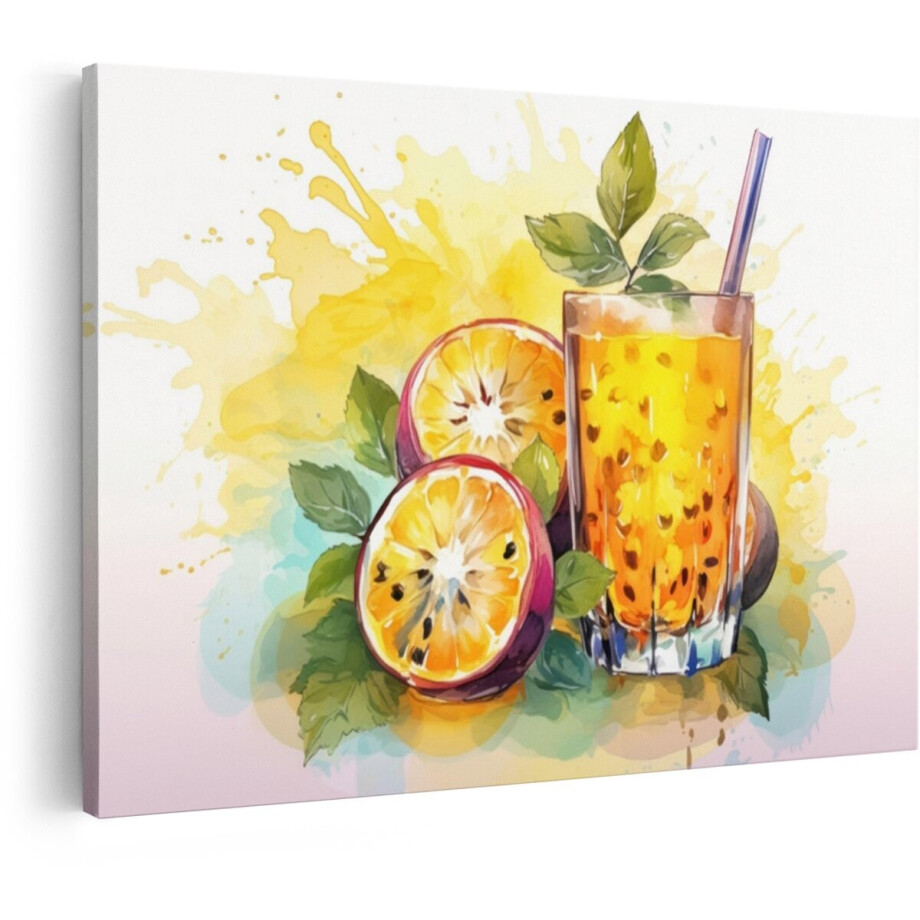 Artaza Canvas Schilderij Verfrissend Passievruchtensap met Verse Vruchten en Bladeren in Aquarel - 120x80 cm - Groot - Wanddecoratie Woonkamer - Schilderijen - Muurdecoratie afbeelding 1