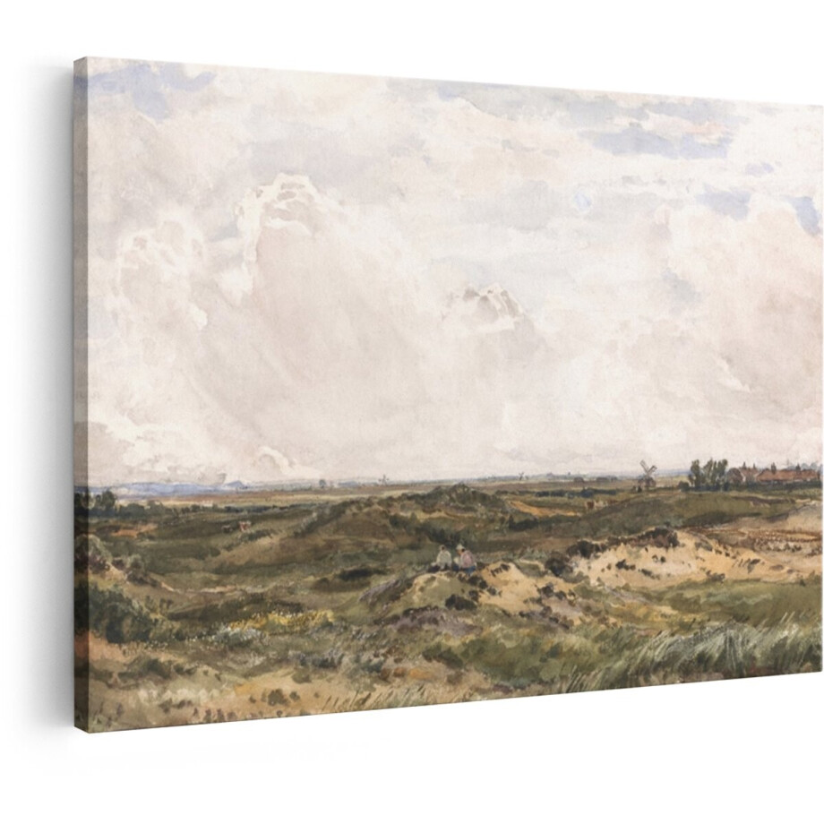 Artaza Canvas Schilderij Schilderachtig Duinlandschap met Windmolens en een Dorp onder een Dramatische Hemel - 120x80 cm - Groot - Wanddecoratie Woonkamer - Schilderijen - Muurdecoratie afbeelding 1