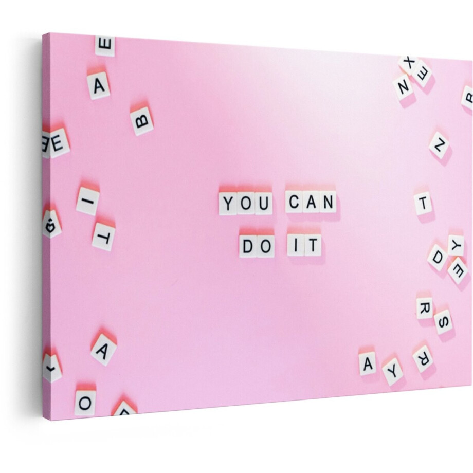 Artaza Canvas Schilderij Motivatie Tekst You Can Do It - 120x80 cm - Wanddecoratie Roze - Muurdecoratie Quote - Schilderijen Op Canvas afbeelding 1