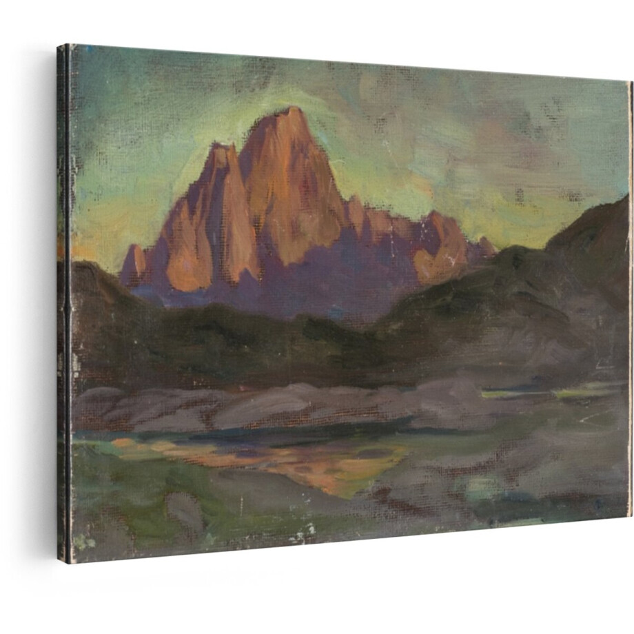 Artaza Canvas Schilderij Schilderachtige Bergketen bij Zonsopgang met Reflecties in het Water - 90x60 cm - Wanddecoratie Woonkamer - Schilderijen - Muurdecoratie afbeelding 1