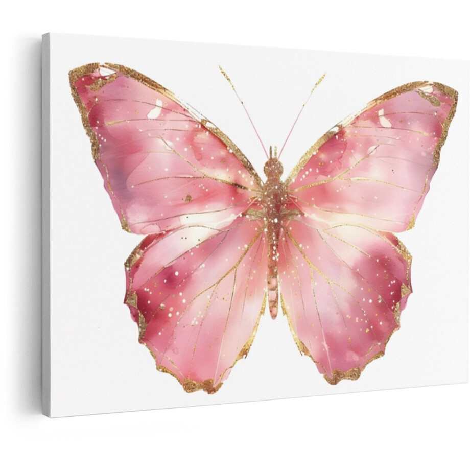 Artaza Canvas Schilderij Elegante Roze Vlinder met Gouden Glitteraccenten en Fijne Aquarelvleugels - 90x60 cm - Wanddecoratie Woonkamer - Schilderijen - Muurdecoratie afbeelding 1