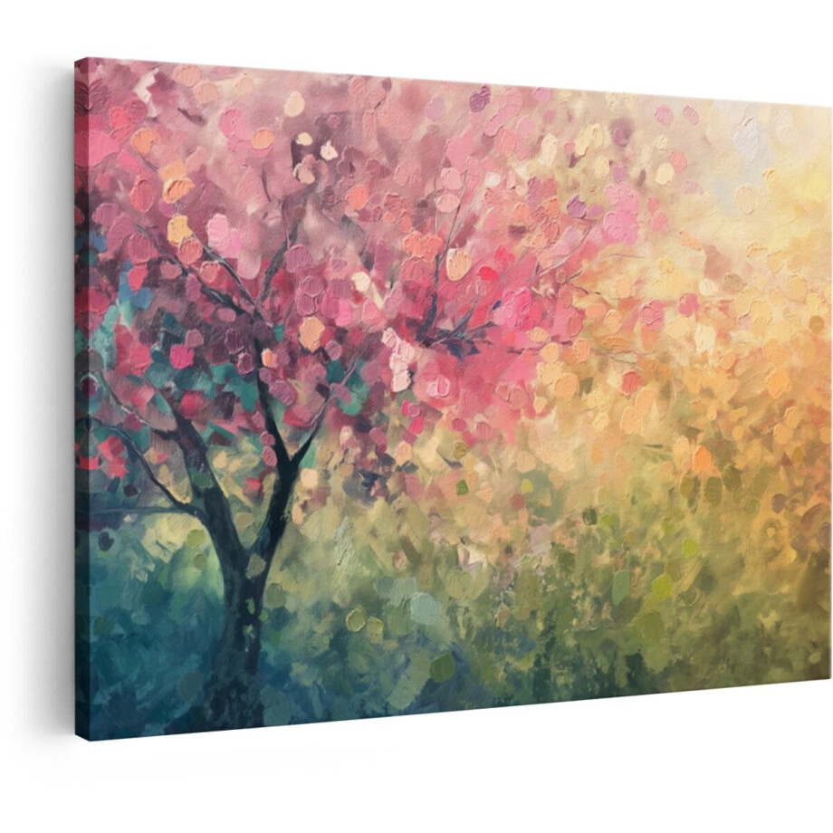 Artaza Canvas Schilderij Impressionistische Schilderij van een Bloeiende Boom met Roze Bloesems en Zonnige Achtergrond - 90x60 cm - Wanddecoratie Woonkamer - Schilderijen - Muurdecoratie afbeelding 1
