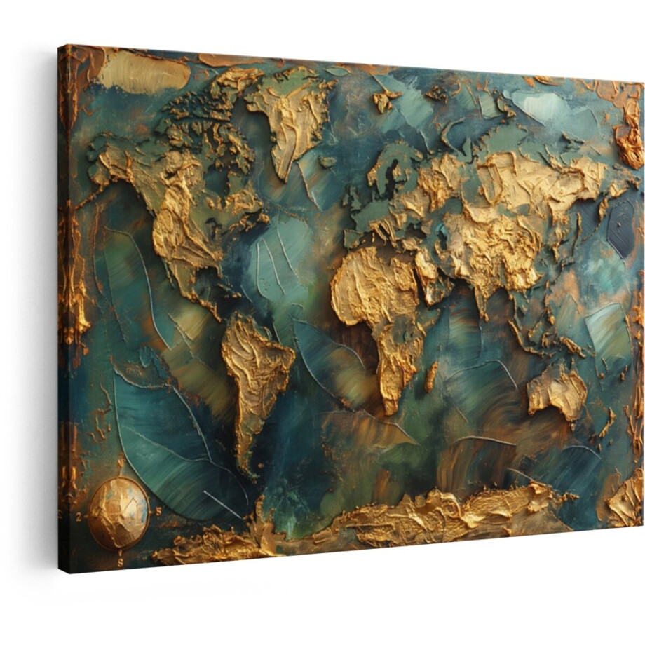 Artaza Canvas Schilderij Wereldkaart - 90x60 cm - Wanddecoratie Abstract - Muurdecoratie Goud - Decoratie Woonkamer - Groen afbeelding 1