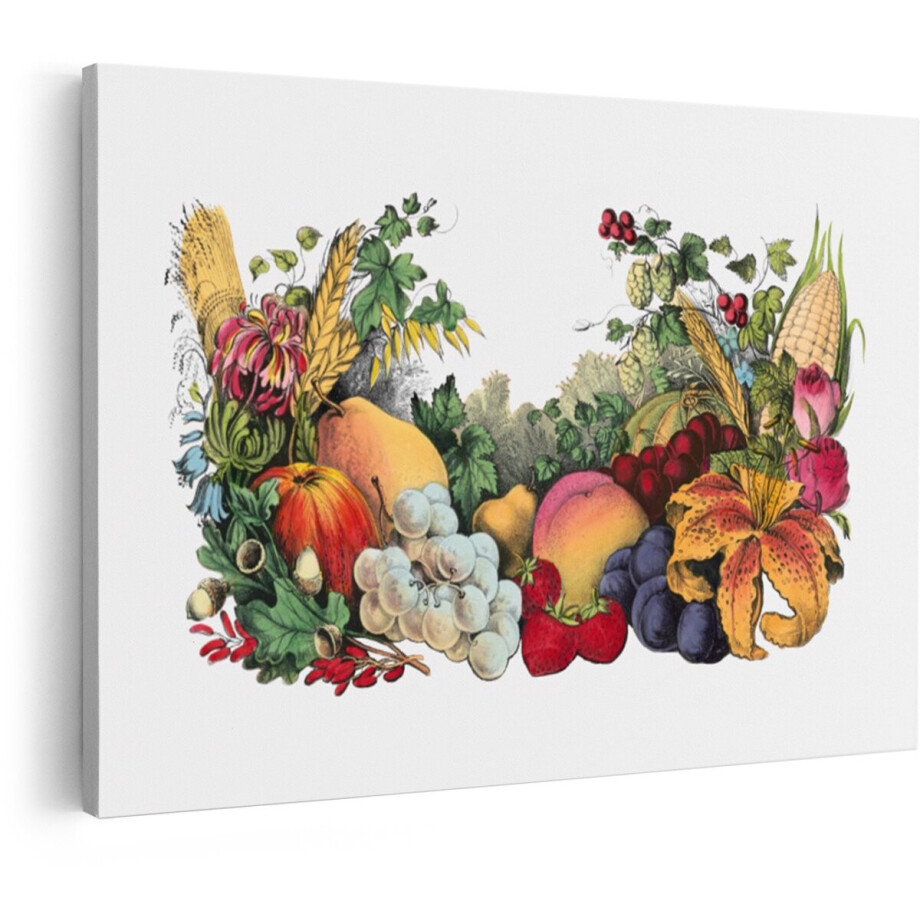 Artaza Canvas Schilderij Overvloedige Oogst van Fruit - Bloemen en Graan in een Decoratieve Compositie - 90x60 cm - Wanddecoratie Woonkamer - Schilderijen - Muurdecoratie afbeelding 1