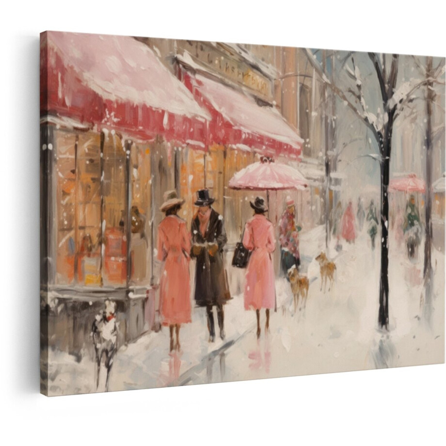 Artaza Canvas Schilderij Schilderij van een Winterse Straatscène met Mensen en Honden in de Sneeuw - 90x60 cm - Wanddecoratie Woonkamer - Schilderijen - Muurdecoratie afbeelding 1