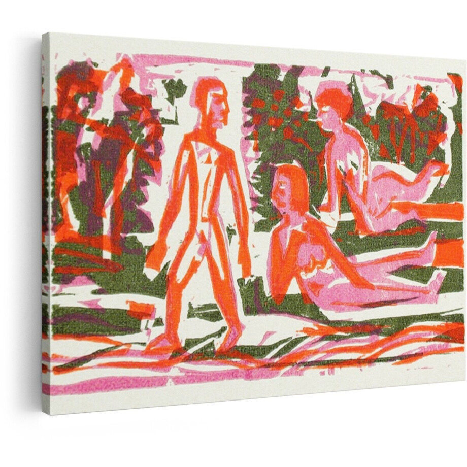 Artaza Canvas Schilderij Drie Figuren in een Park - een Staand en twee Liggend - in een Expressionistische Stijl - 120x80 cm - Groot - Wanddecoratie Woonkamer - Schilderijen - Muurdecoratie afbeelding 1