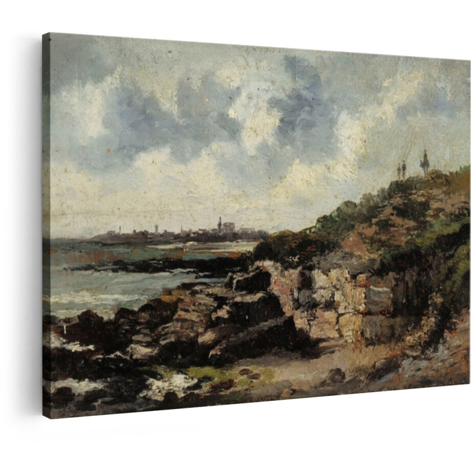 Artaza Canvas Schilderij Schilderachtig Kustlandschap met Stad op de Achtergrond en Figuren op de Heuvel - 90x60 cm - Wanddecoratie Woonkamer - Schilderijen - Muurdecoratie afbeelding 1