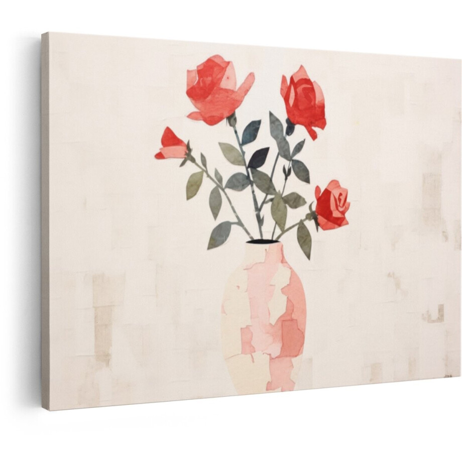 Artaza Canvas Schilderij Stilleven Bloemen - 30x20 cm - Wanddecoratie Rozen In Vaas - Muurdecoratie Aquarel - Kamer Accessoires Roze afbeelding 1