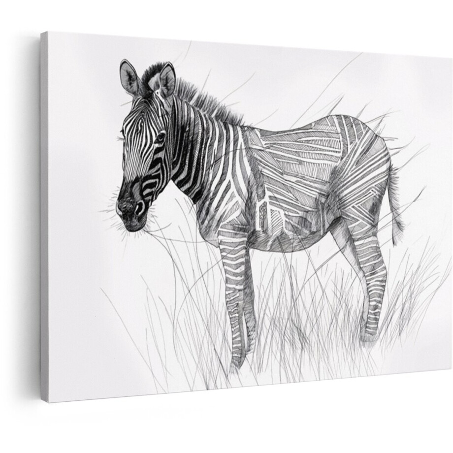 Artaza Canvas Schilderij Zebra - 90x60 cm - Wanddecoratie Dieren - Muurdecoratie Zwart Wit - Decoratie Natuur Tekening afbeelding 1