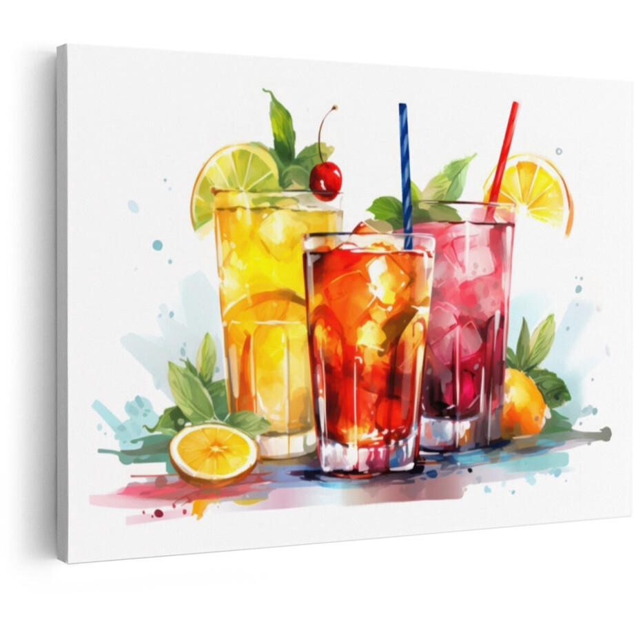 Artaza Canvas Schilderij Drie Verfrissende Zomerdrankjes met Fruit en Ijs - Aquarel Illustratie - 90x60 cm - Wanddecoratie Woonkamer - Schilderijen - Muurdecoratie afbeelding 1