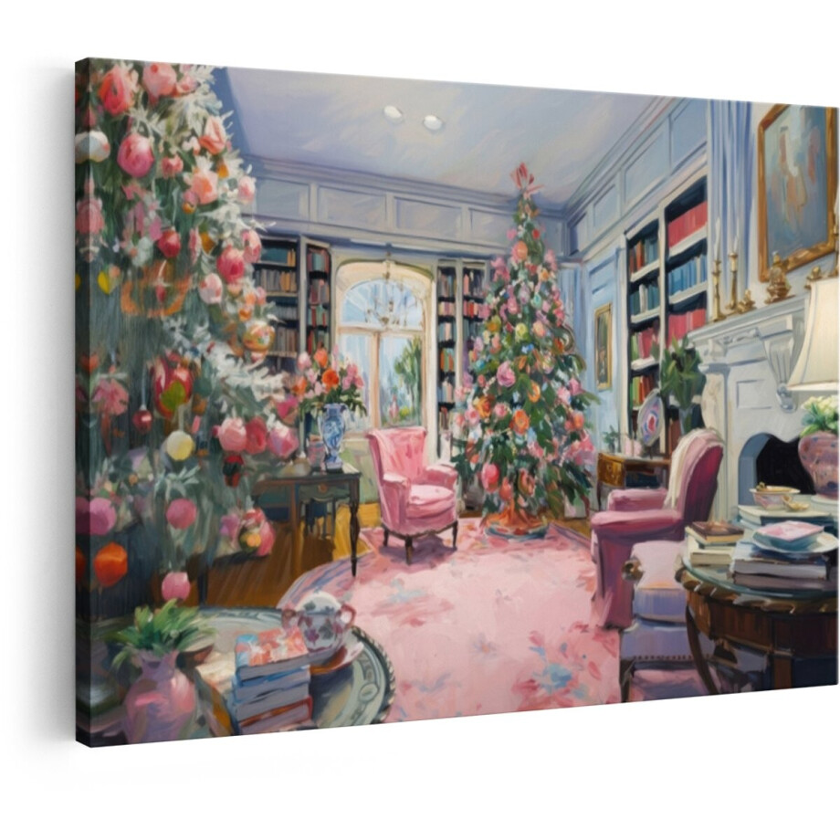 Artaza Canvas Schilderij Sfeervolle Woonkamer met Kerstbomen en Roze Accenten - Geschilderd in Olieverf - 90x60 cm - Wanddecoratie Woonkamer - Schilderijen - Muurdecoratie afbeelding 1