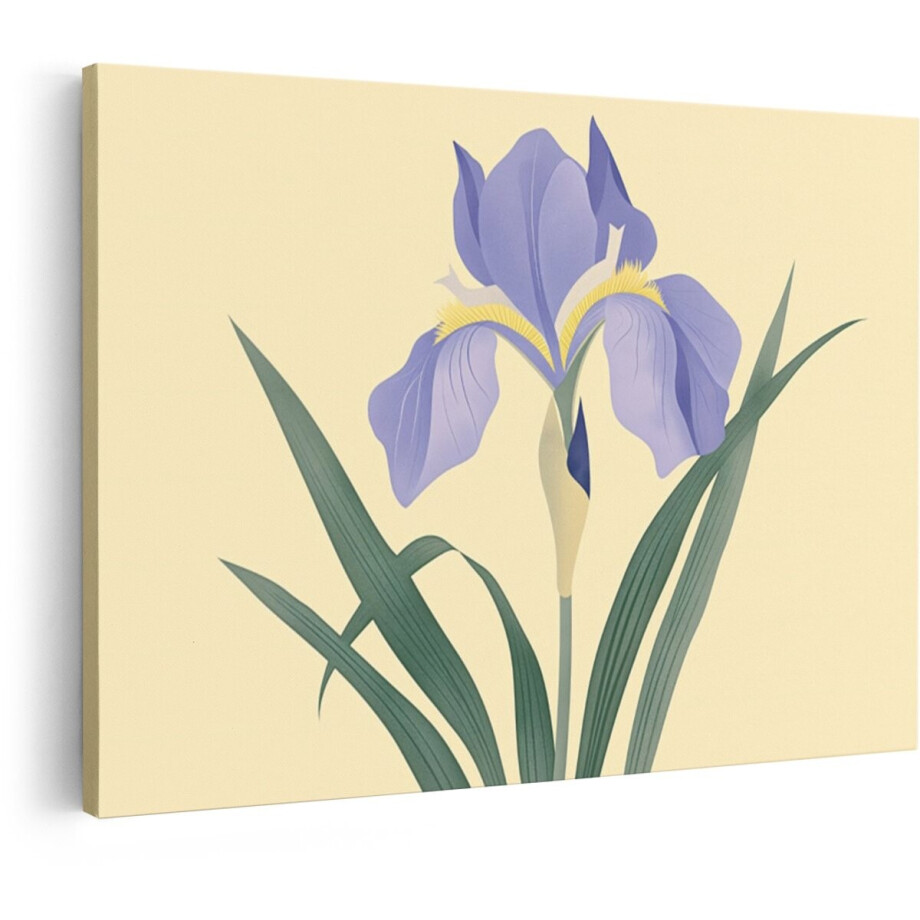Artaza Canvas Schilderij Een Enkele Paarse Iris Bloeit op een Zachte Gele Achtergrond met Groene Bladeren - 60x40 cm - Wanddecoratie Woonkamer - Schilderijen - Muurdecoratie afbeelding 1