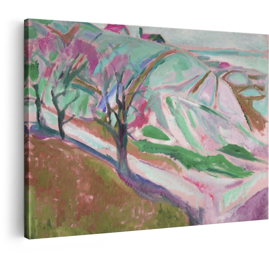 Artaza Canvas Schilderij Impressionistische Landschapsschilderij met Bomen en Glooiende Heuvels in Pastelkleuren - 30x20 cm - Klein - Wanddecoratie Woonkamer - Schilderijen - Muurdecoratie afbeelding 1