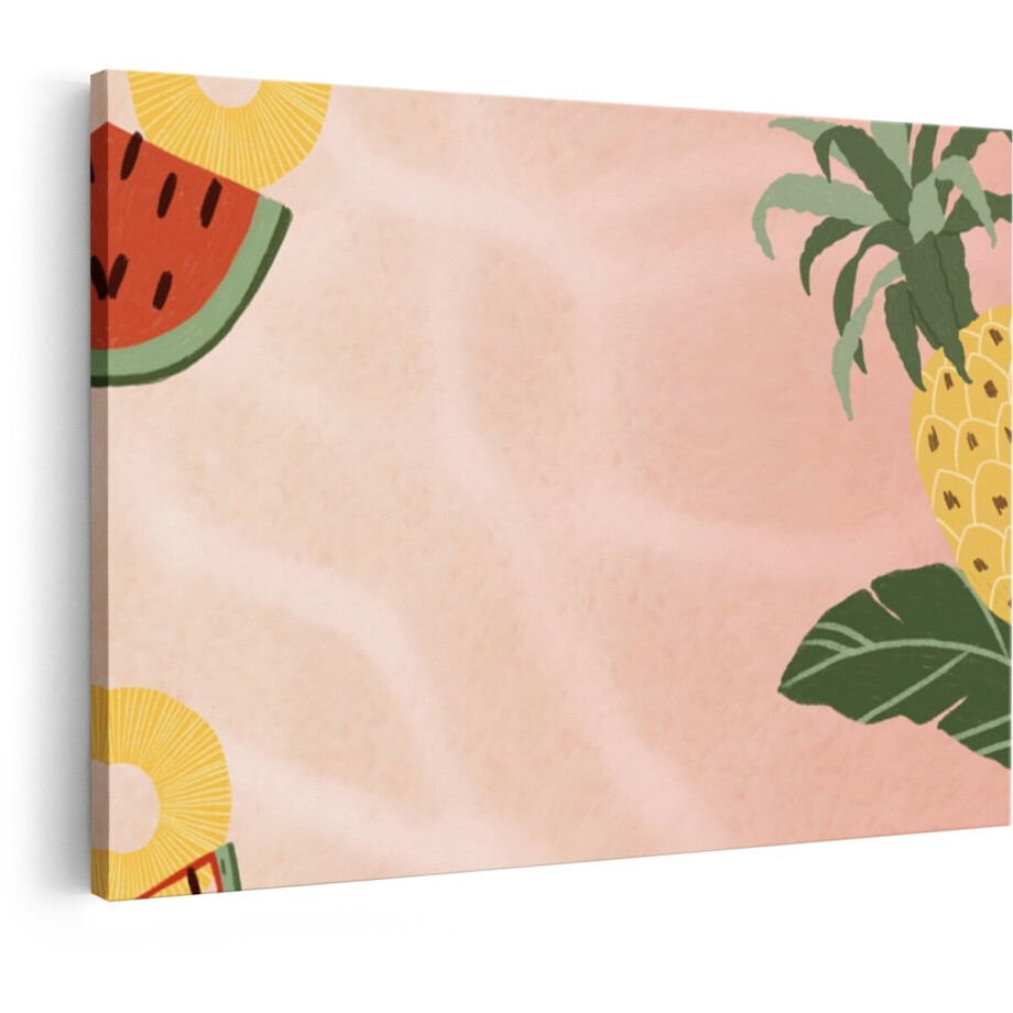Artaza Canvas Schilderij Zomerse Fruitillustratie met Watermeloen en Ananas op Zachte Roze Achtergrond - 60x40 cm - Wanddecoratie Woonkamer - Schilderijen - Muurdecoratie afbeelding 1