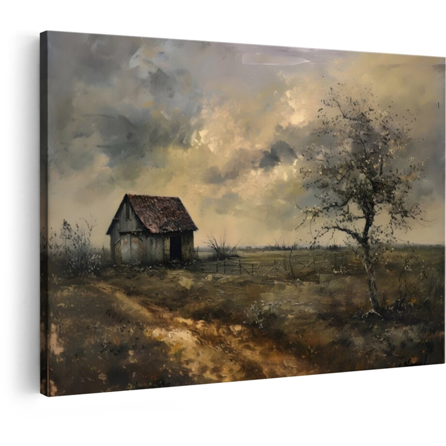 Artaza Canvas Schilderij Landschap - 90x60 cm - Wanddecoratie Landelijk - Muurdecoratie Verlaten Schuur - Decoratie Boom Woonkamer afbeelding 1