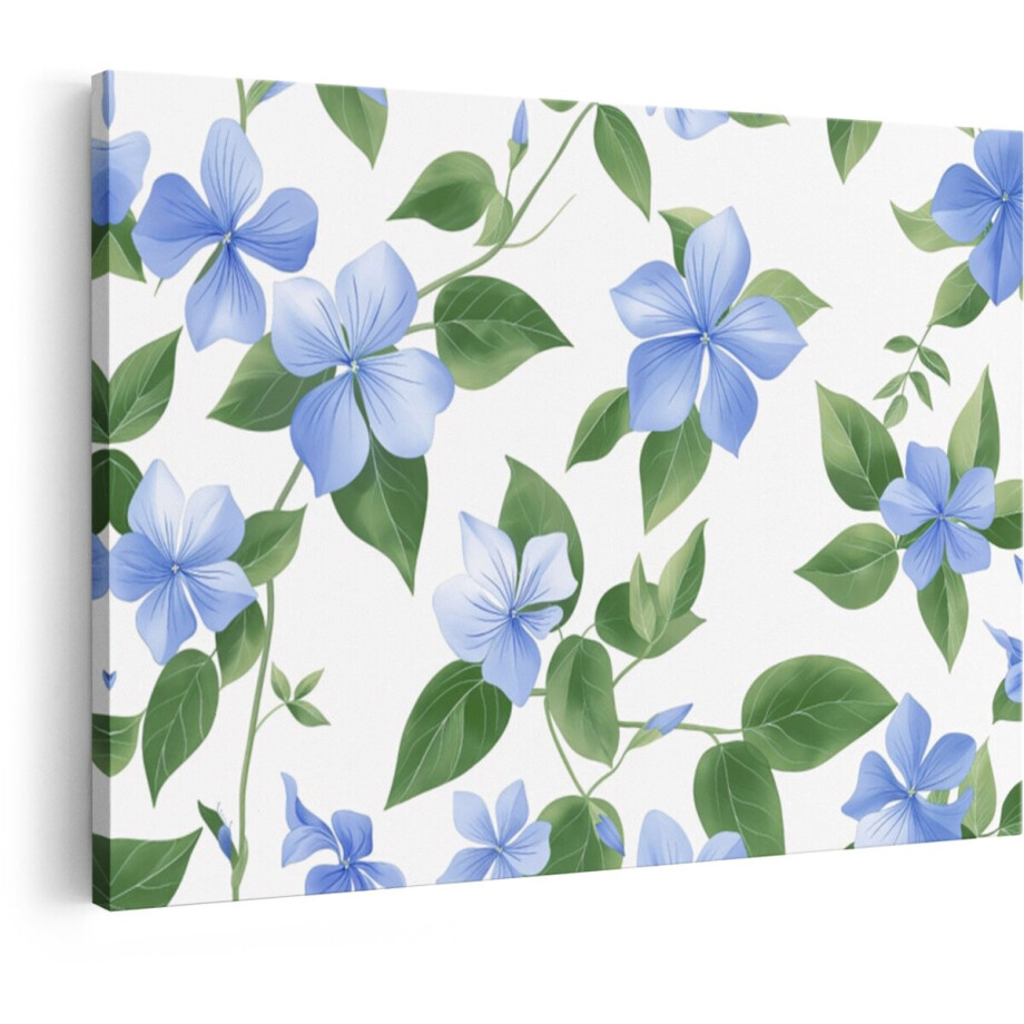 Artaza Canvas Schilderij Lichtblauwe Bloemen met Groene Bladeren op een Witte Achtergrond - een Patroon - 60x40 cm - Wanddecoratie Woonkamer - Schilderijen - Muurdecoratie afbeelding 1