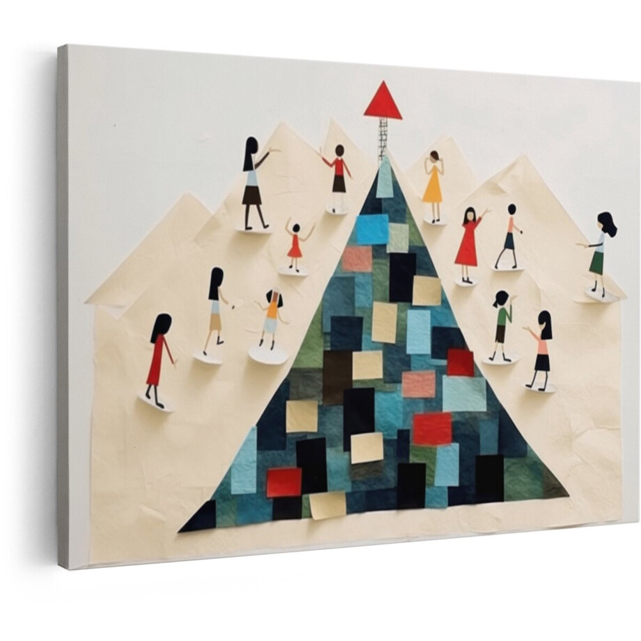 Artaza Canvas Schilderij Vrouwen Beklimmen Berg met Kleurrijke Mozaïek en Rode Pijl Bovenaan - 90x60 cm - Wanddecoratie Woonkamer - Schilderijen - Muurdecoratie afbeelding 1