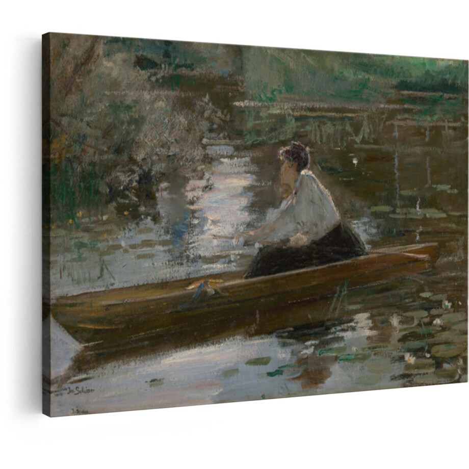 Artaza Canvas Schilderij Impressionistische Schilderij van een Vrouw Die in een Boot Roeit op een Waterlelieplas - 30x20 cm - Klein - Wanddecoratie Woonkamer - Schilderijen - Muurdecoratie afbeelding 1