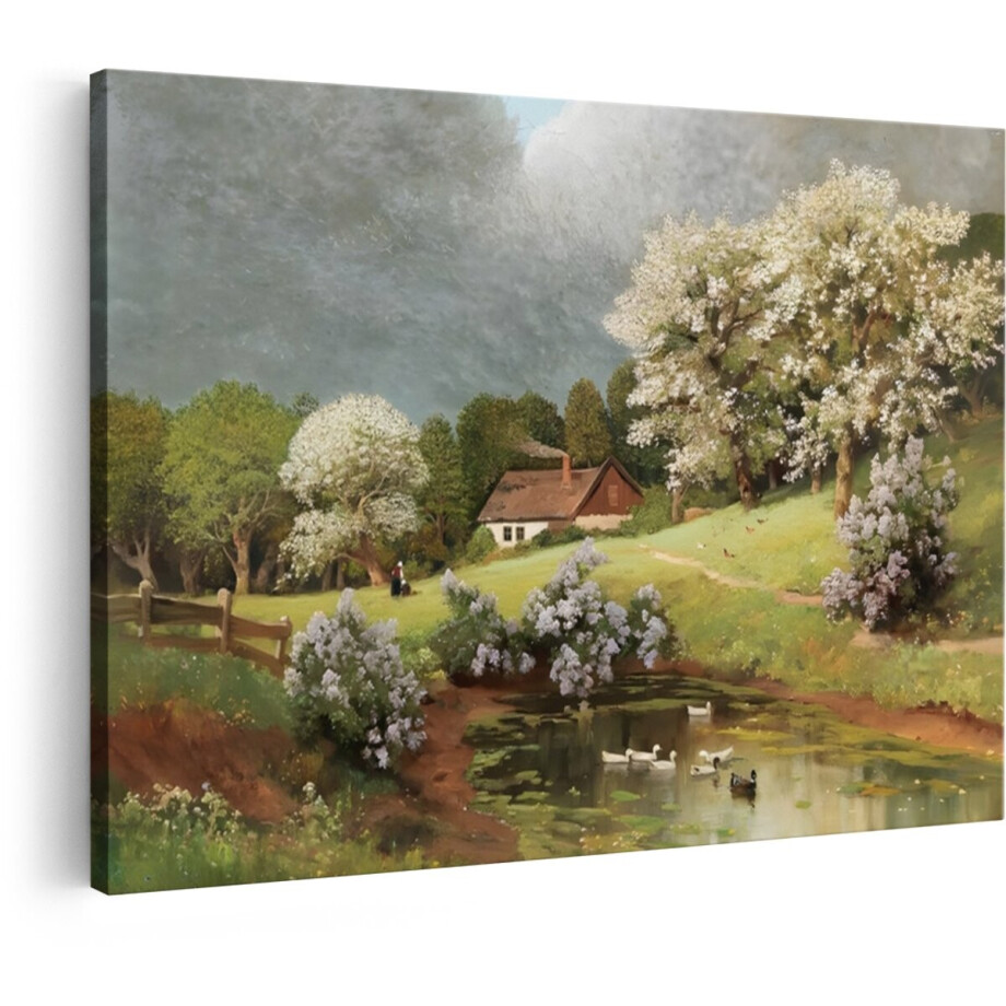 Artaza Canvas Schilderij Schilderachtig Landschap met Bloeiende Bomen en een Huisje aan het Water - 120x80 cm - Groot - Wanddecoratie Woonkamer - Schilderijen - Muurdecoratie afbeelding 1