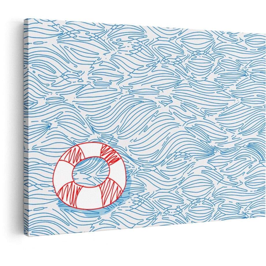 Artaza Canvas Schilderij Rode Reddingsboei Drijft op een Zee van Blauwe Golven - Illustratie - 60x40 cm - Wanddecoratie Woonkamer - Schilderijen - Muurdecoratie afbeelding 1