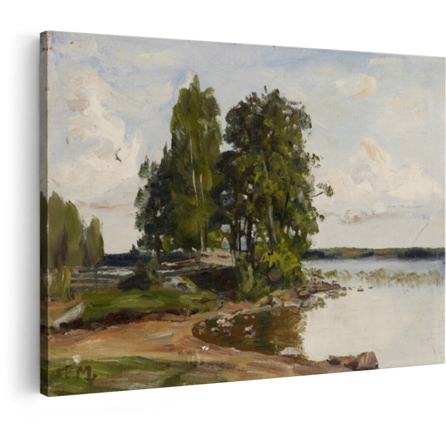 Artaza Canvas Schilderij Zomerse Landschapsschilderij met Bomen aan de Waterkant en een Meer - 120x80 cm - Groot - Wanddecoratie Woonkamer - Schilderijen - Muurdecoratie afbeelding 1