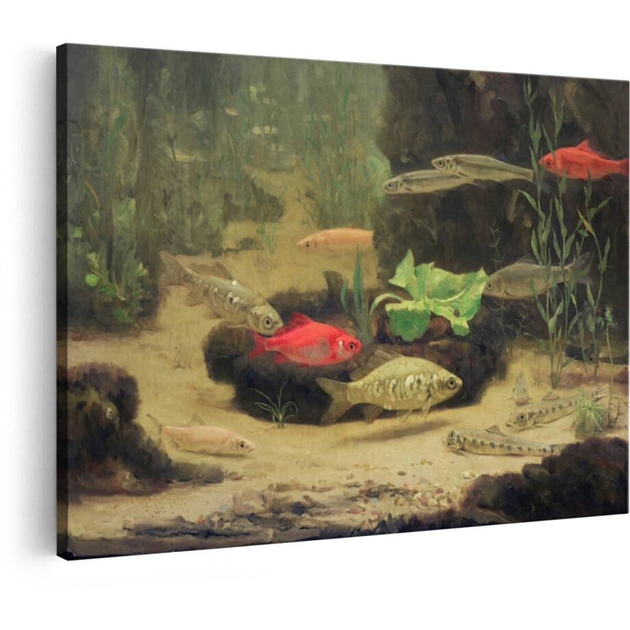 Artaza Canvas Schilderij Schilderij van Diverse Vissen in een Aquarium met Waterplanten en Zandbodem - 120x80 cm - Groot - Wanddecoratie Woonkamer - Schilderijen - Muurdecoratie afbeelding 1