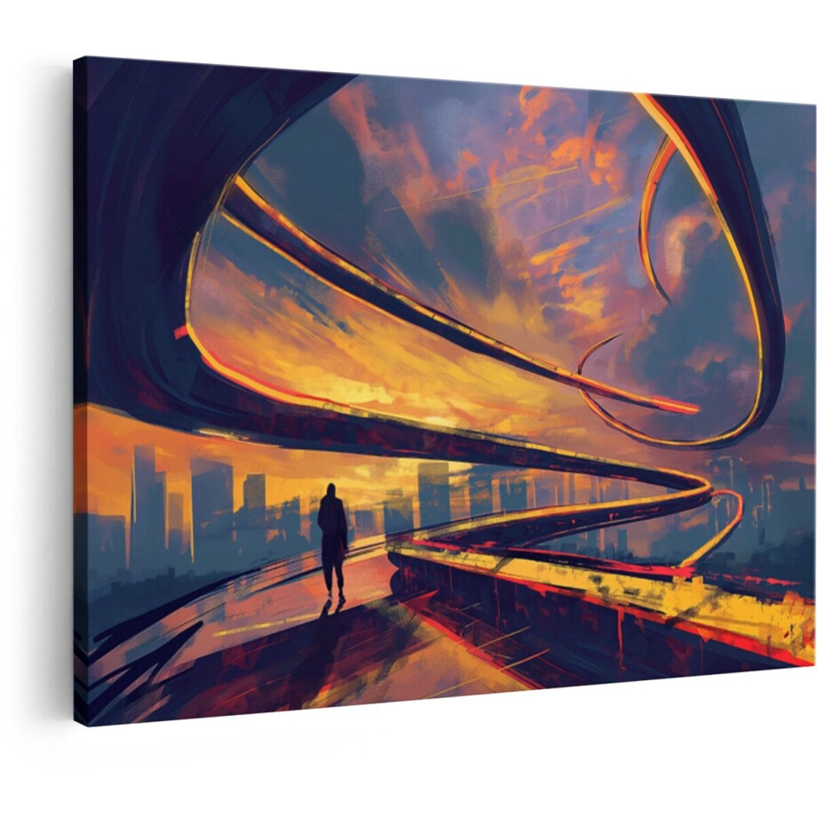 Artaza Canvas Schilderij Futuristische Stad - 120x80 cm - Wanddecoratie Zonsondergang - Muurdecoratie Skyline - Decoratie Silhouet Figuur - Oranje afbeelding 1