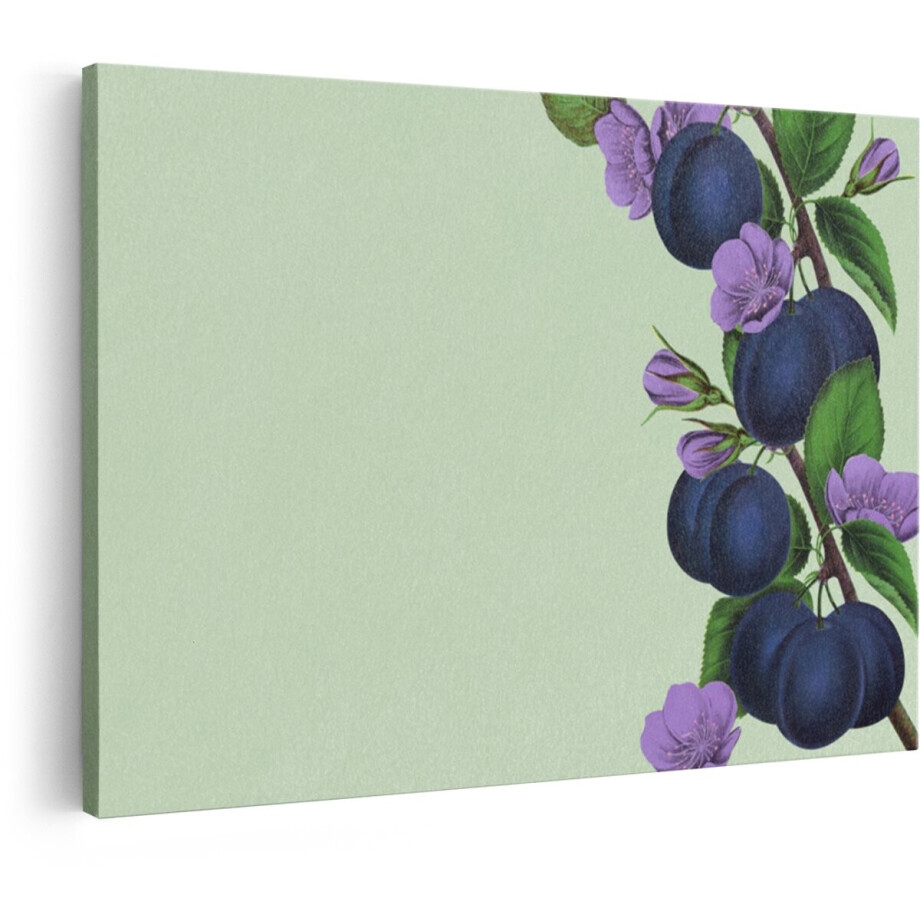 Artaza Canvas Schilderij Plantenillustratie van Pruimen met Paarse Bloesems aan een Tak - 30x20 cm - Klein - Wanddecoratie Woonkamer - Schilderijen - Muurdecoratie afbeelding 1