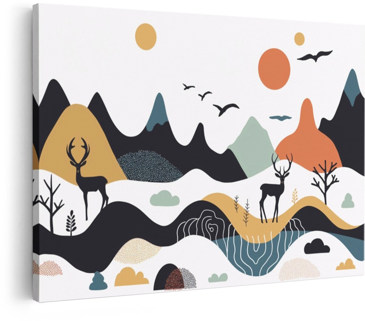 Artaza Canvas Schilderij Abstract Minimalistisch Landschap met Herten - Bergen - Zon en Vogels - 120x80 cm - Groot - Wanddecoratie Woonkamer - Schilderijen - Muurdecoratie afbeelding 1