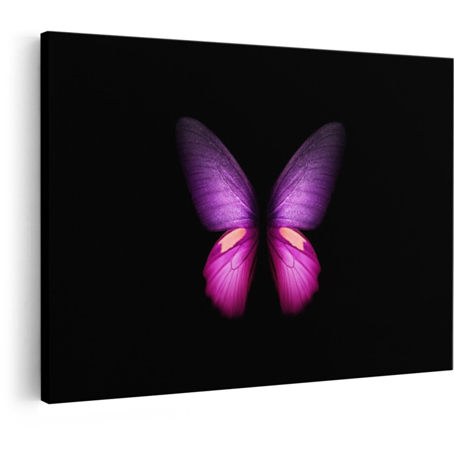 Artaza Canvas Schilderij Gedetailleerde Paarse Vlindervleugels met Roze Accenten op Zwarte Achtergrond - 90x60 cm - Wanddecoratie Woonkamer - Schilderijen - Muurdecoratie afbeelding 1