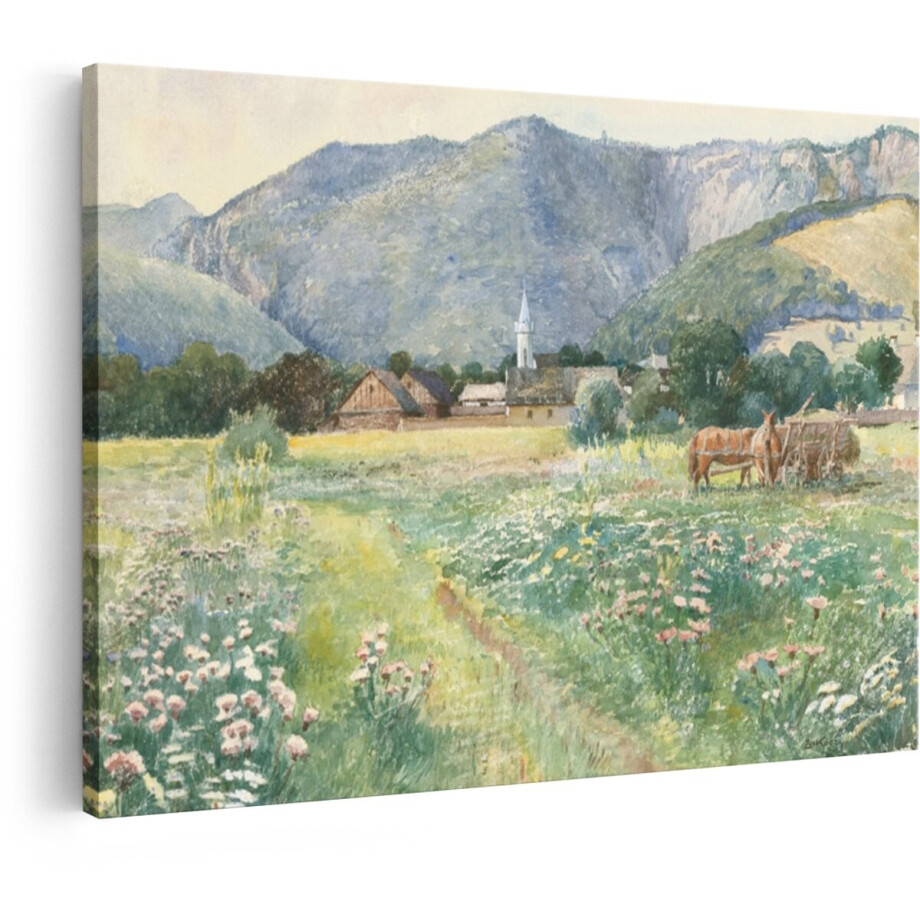 Artaza Canvas Schilderij Schilderachtig Dorpje in de Bergen met Paarden en Karren in een Bloemenveld - 60x40 cm - Wanddecoratie Woonkamer - Schilderijen - Muurdecoratie afbeelding 1