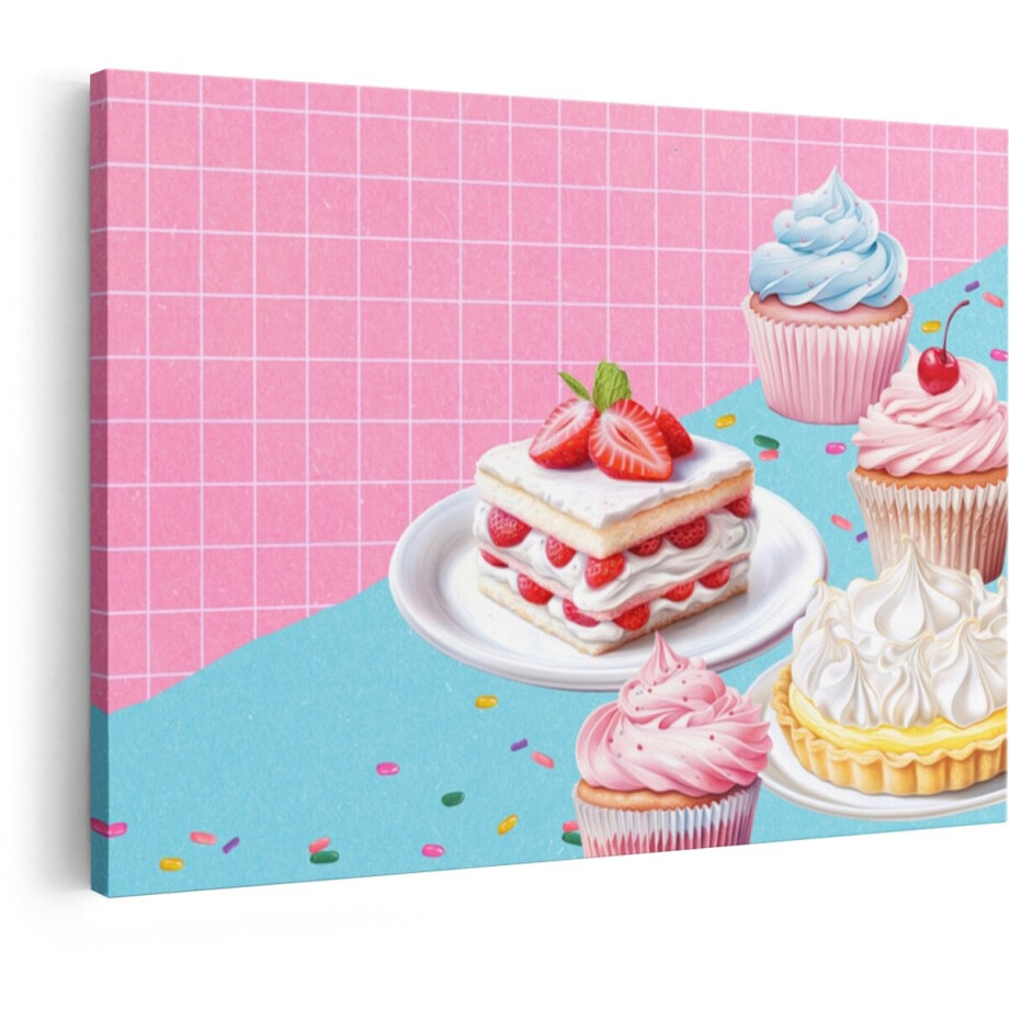 Artaza Canvas Schilderij Vrolijke Selectie van Zoete Gebakjes met Aardbeien en Slagroom - 120x80 cm - Groot - Wanddecoratie Woonkamer - Schilderijen - Muurdecoratie afbeelding 1