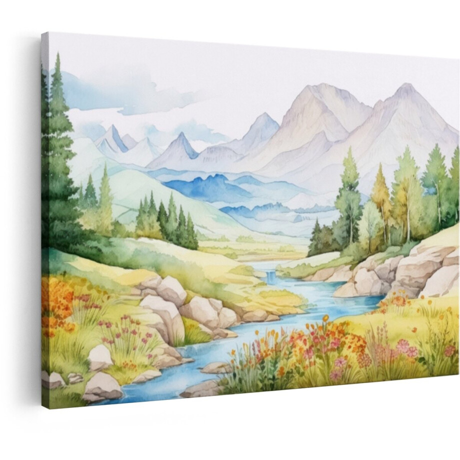 Artaza Canvas Schilderij Zachte Aquarel van een Berglandschap met een Kabbelende Rivier en Bloemen - 60x40 cm - Wanddecoratie Woonkamer - Schilderijen - Muurdecoratie afbeelding 1