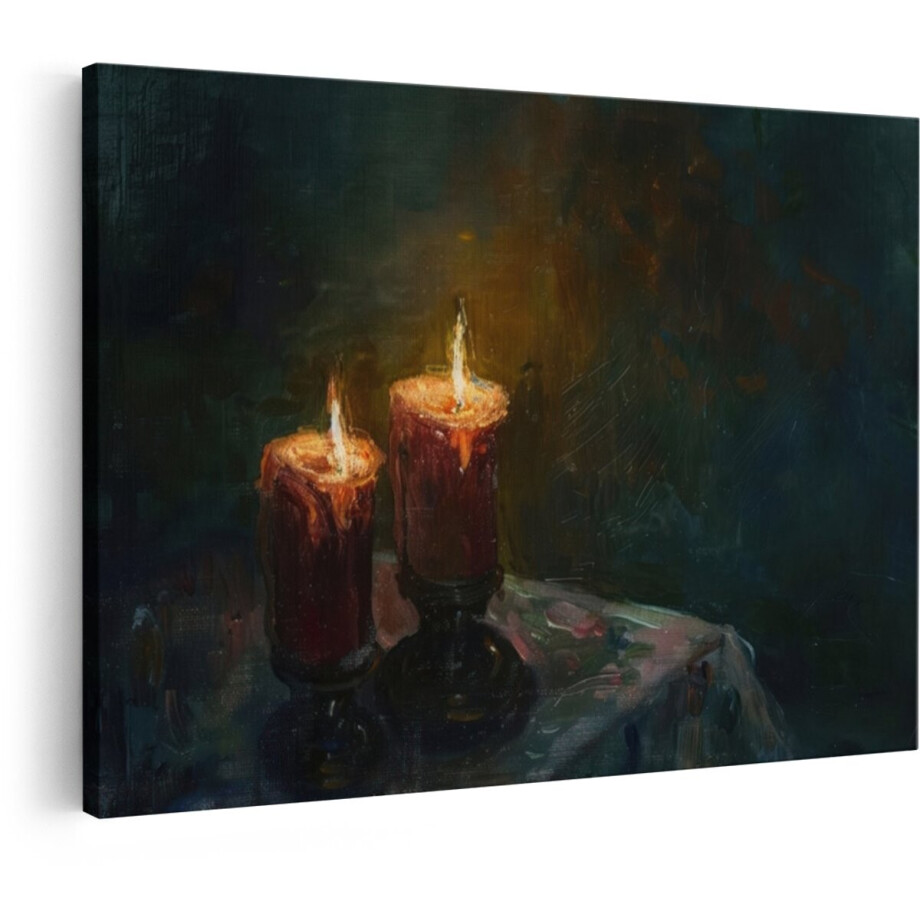 Artaza Canvas Schilderij Twee Brandende Kaarsen in Donkere - Sfeervolle Olieverfschilderij - 120x80 cm - Groot - Wanddecoratie Woonkamer - Schilderijen - Muurdecoratie afbeelding 1