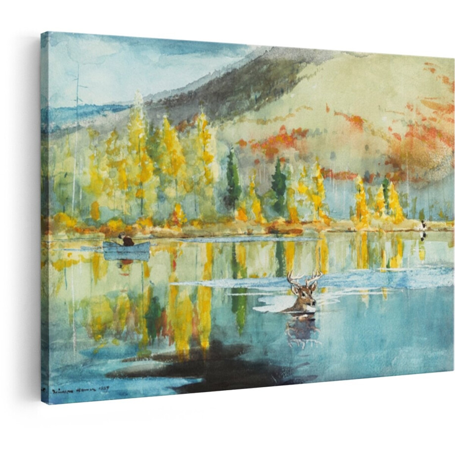 Artaza Canvas Schilderij Hert - 120x80 cm - Wanddecoratie Herfst Landschap - Muurdecoratie Meer - Schilderijen Natuur Bergen afbeelding 1