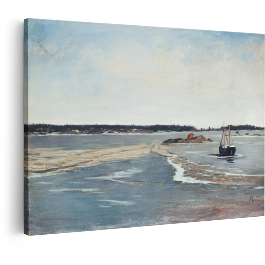 Artaza Canvas Schilderij Schilderij van een Zeilboot in Ijzig Water bij een Rood Huisje op een Eiland - 60x40 cm - Wanddecoratie Woonkamer - Schilderijen - Muurdecoratie afbeelding 1