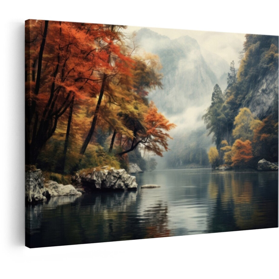 Artaza Canvas Schilderij Rustgevende Herfstlandschap met een Kalme Rivier en Mistige Bergen - 30x20 cm - Klein - Wanddecoratie Woonkamer - Schilderijen - Muurdecoratie afbeelding 1
