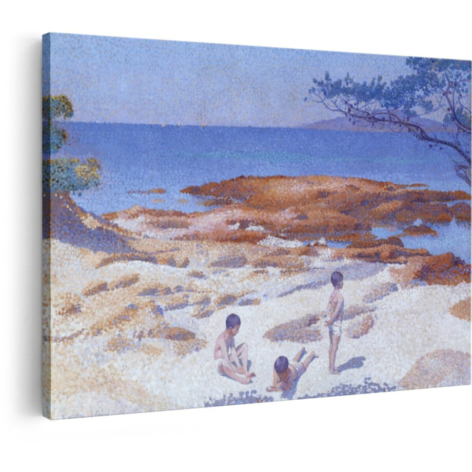 Artaza Canvas Schilderij Neo-Impressionistische Schilderkunst van Kinderen op een Rotsachtig Strand bij de Zee - 120x80 cm - Groot - Wanddecoratie Woonkamer - Schilderijen - Muurdecoratie afbeelding 1