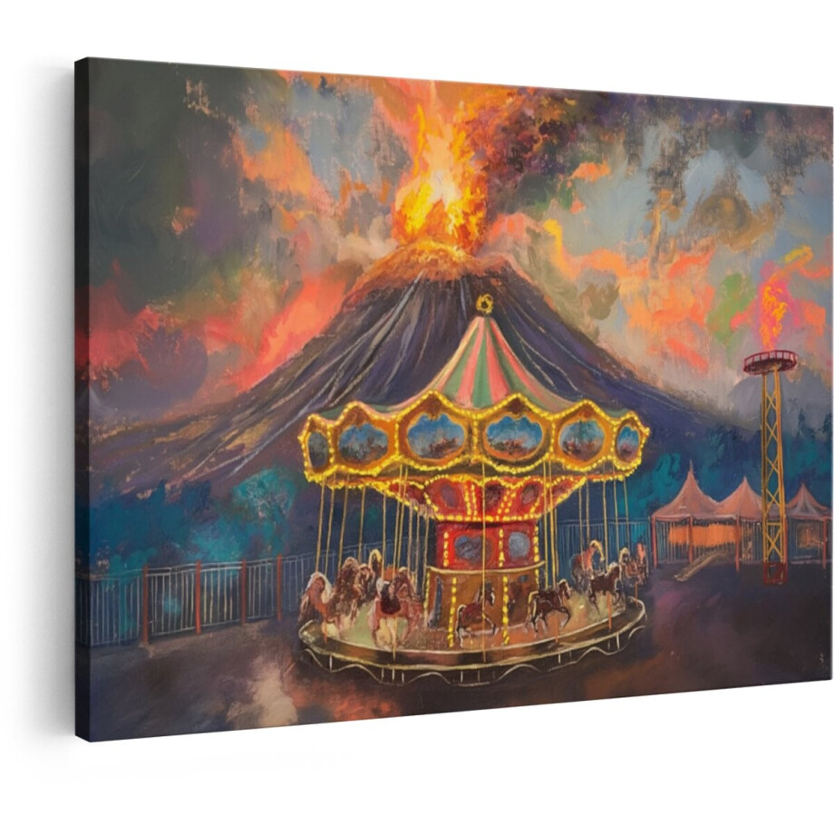 Artaza Canvas Schilderij Vulkaan - 30x20 cm - Wanddecoratie Carrousel - Muurdecoratie Landschap - Kamer Accessoires Paarden afbeelding 1