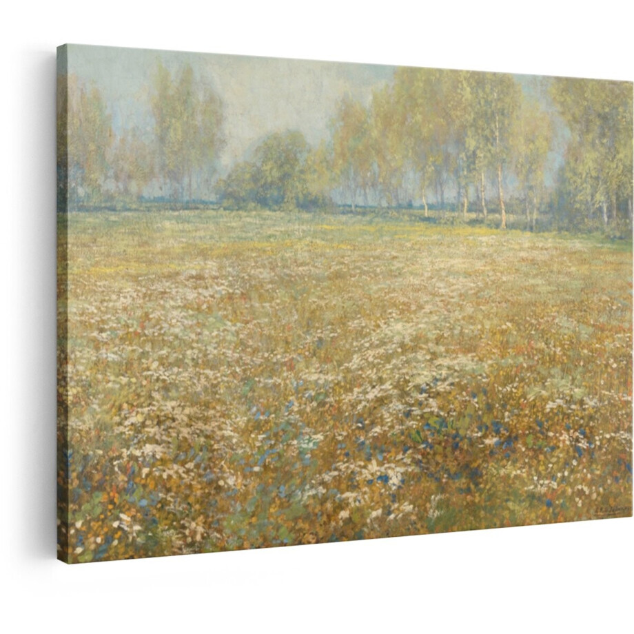 Artaza Canvas Schilderij Schilderij van een Bloemenveld met Bomen op de Achtergrond in Zacht Licht - 30x20 cm - Klein - Wanddecoratie Woonkamer - Schilderijen - Muurdecoratie afbeelding 1