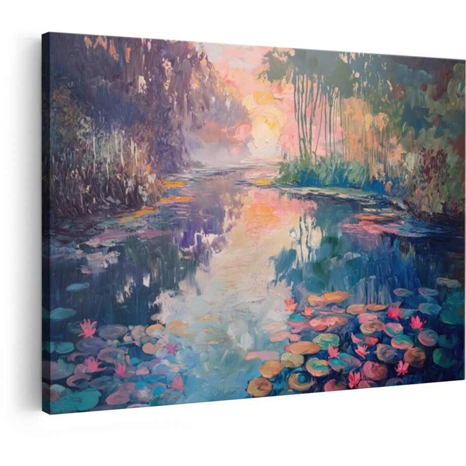 Artaza Canvas Schilderij Monet Waterlelies - 120x80 cm - Wanddecoratie Vijver Zonsopgang - Muurdecoratie Natuur - Decoratie Landschap Impressionisme afbeelding 1