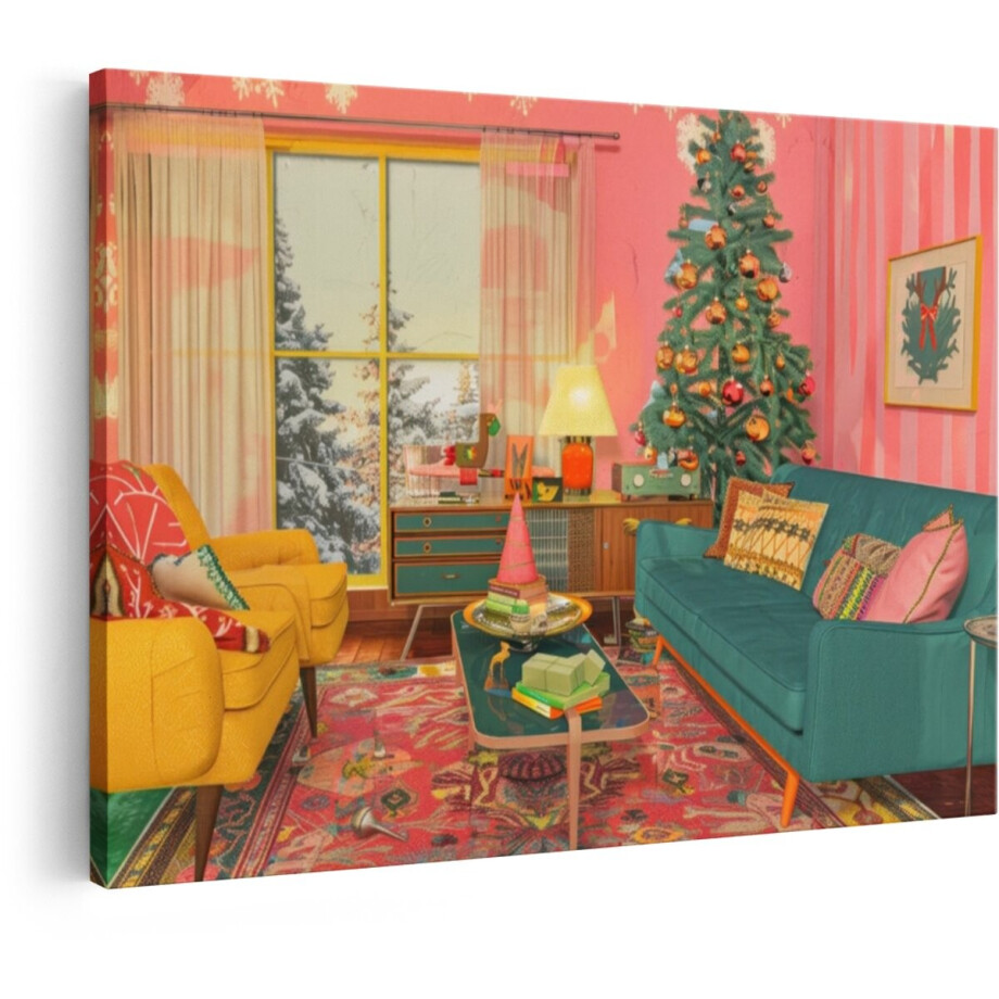 Artaza Canvas Schilderij Gezellige Retro Woonkamer met Kerstboom en Winterse Uitzicht - 120x80 cm - Groot - Wanddecoratie Woonkamer - Schilderijen - Muurdecoratie afbeelding 1