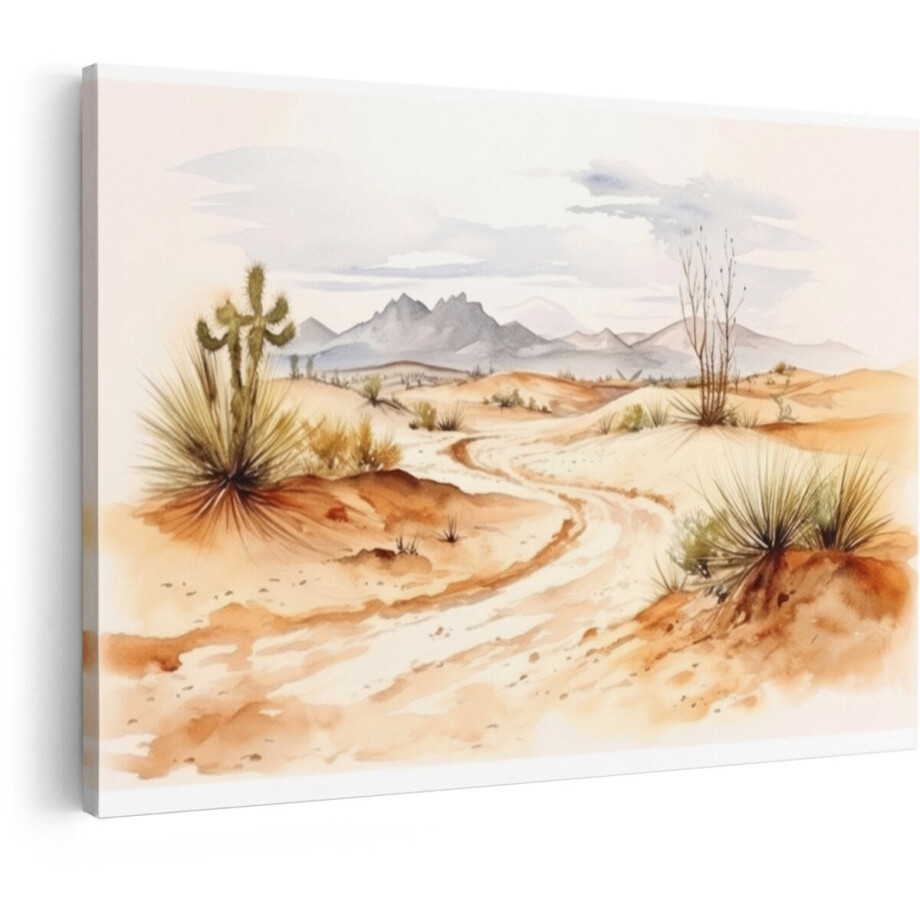 Artaza Canvas Schilderij Schilderachtige Woestijn met Cactussen en Bergen op de Achtergrond - Aquarel - 90x60 cm - Wanddecoratie Woonkamer - Schilderijen - Muurdecoratie afbeelding 1