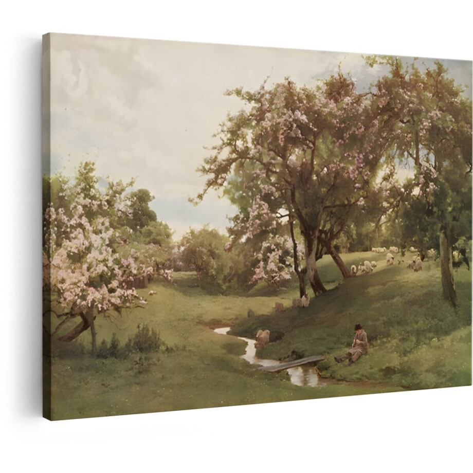 Artaza Canvas Schilderij Idyllisch Lentelandschap met Bloeiende Bomen - Grazende Schapen en een Herder - 120x80 cm - Groot - Wanddecoratie Woonkamer - Schilderijen - Muurdecoratie afbeelding 1