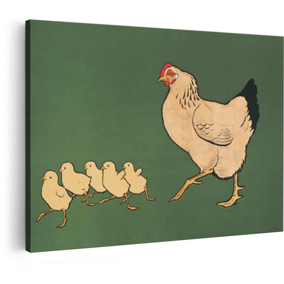 Artaza Canvas Schilderij Een Kip met Kuikens Die achter haar Aanlopen op een Groene Achtergrond - 90x60 cm - Wanddecoratie Woonkamer - Schilderijen - Muurdecoratie afbeelding 1