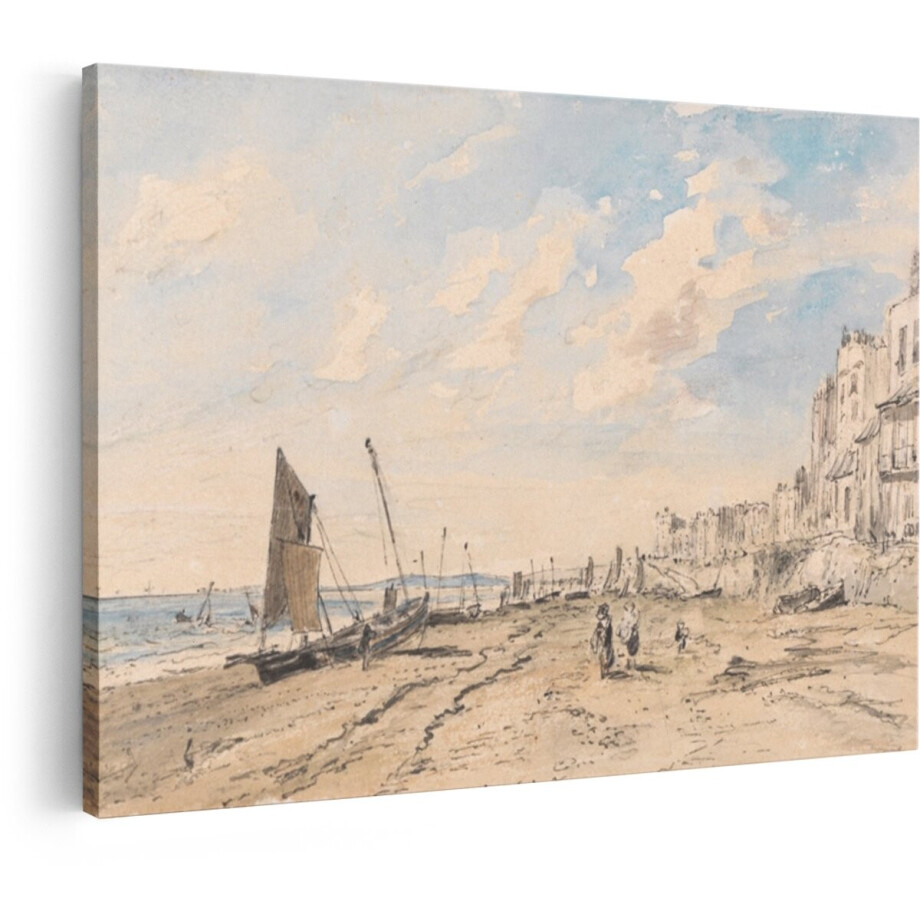 Artaza Canvas Schilderij Schets van een Kustlijn met Boten op het Strand en Gebouwen aan de Kust - 60x40 cm - Wanddecoratie Woonkamer - Schilderijen - Muurdecoratie afbeelding 1